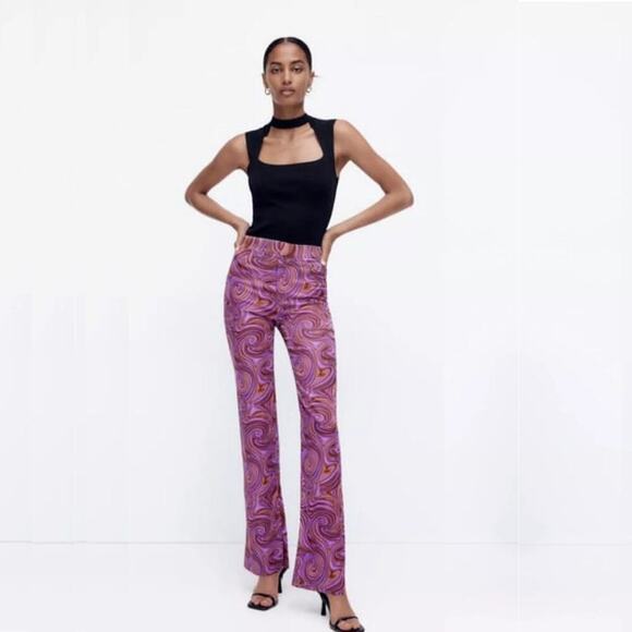 2/$30 ZARA Swirl Geometric Print Flared Trousers High Rise Purple Small #8395 - Picture 1 of 8